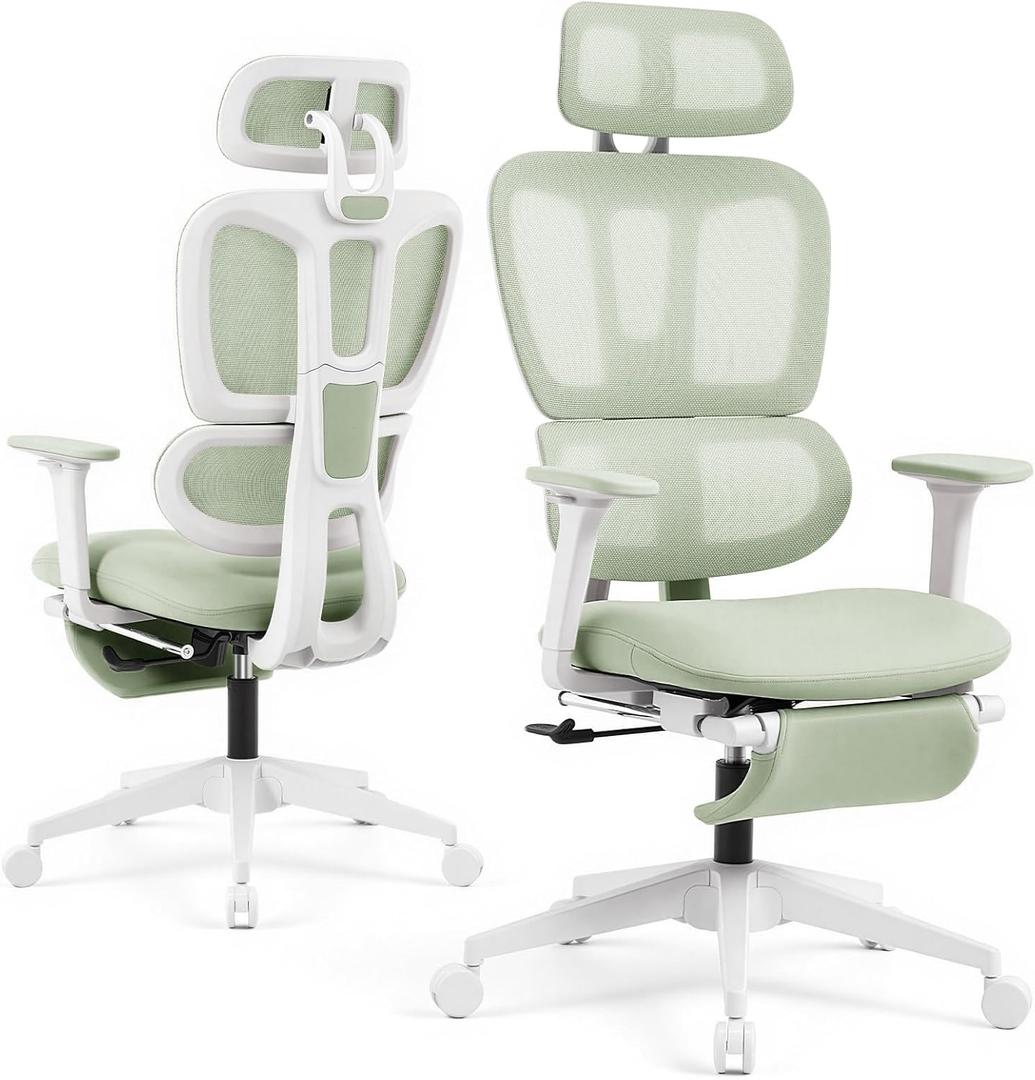 Ergonomic Office Chair with Footrest and Dynamic Lumbar Support, Green, High Back