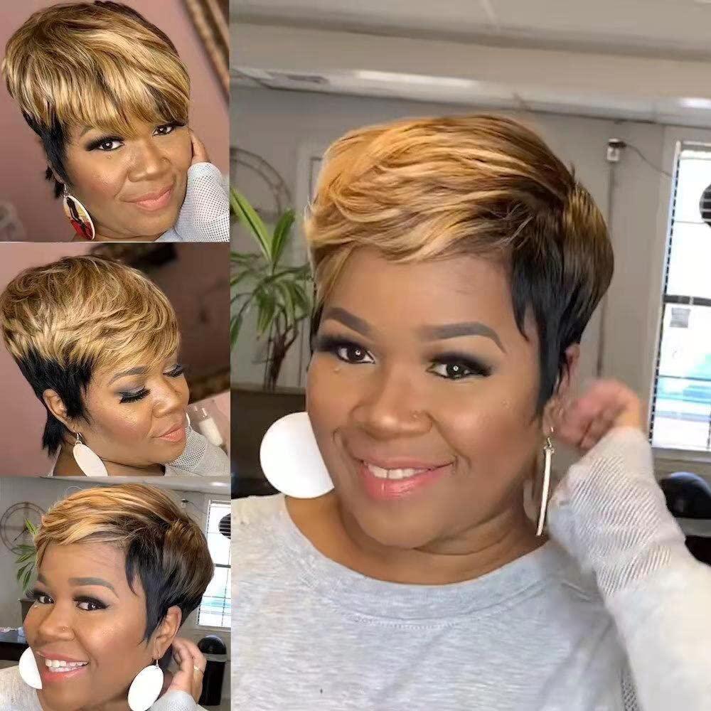LEOSA Ombre Short Bob Pixie Cut Wig with Bangs for Black Women,Pixie Cut Side Part Wig Black Mixed Brown Highlight Color Wigs with Side Bangs Natural Straight Synthetic Cute Wigs Brown Bob Wig