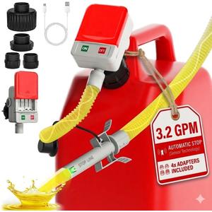 Bonviee Fuel Transfer Pump with Auto-Stop, Fast 3.2 GPM Flow, 51 Hose, Battery/USB Powered, 4 Can Adapters, Portable Gas Can Pump for Oil, Diesel, Gasoline, Safe No-Spill Refueling