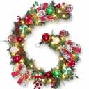 Valery Madelyn 9 Feet Pre-Lit Christmas Garland with Lights for Mantle, Lighted Outdoor Xmas Garland with Red Green White Balls & Bows for Home Stairs Fireplace Table Centerpiece Indoor Holiday Decor