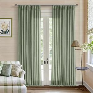 Pinch Pleated Green Linen Curtains 96 Inches Long for Living Room Bedroom Light Filtering Boho Window Drape 96 inch 2 Panels with Hooks Rings 8ft Sage Green Sliding Glass Door Semi Sheer Curtain