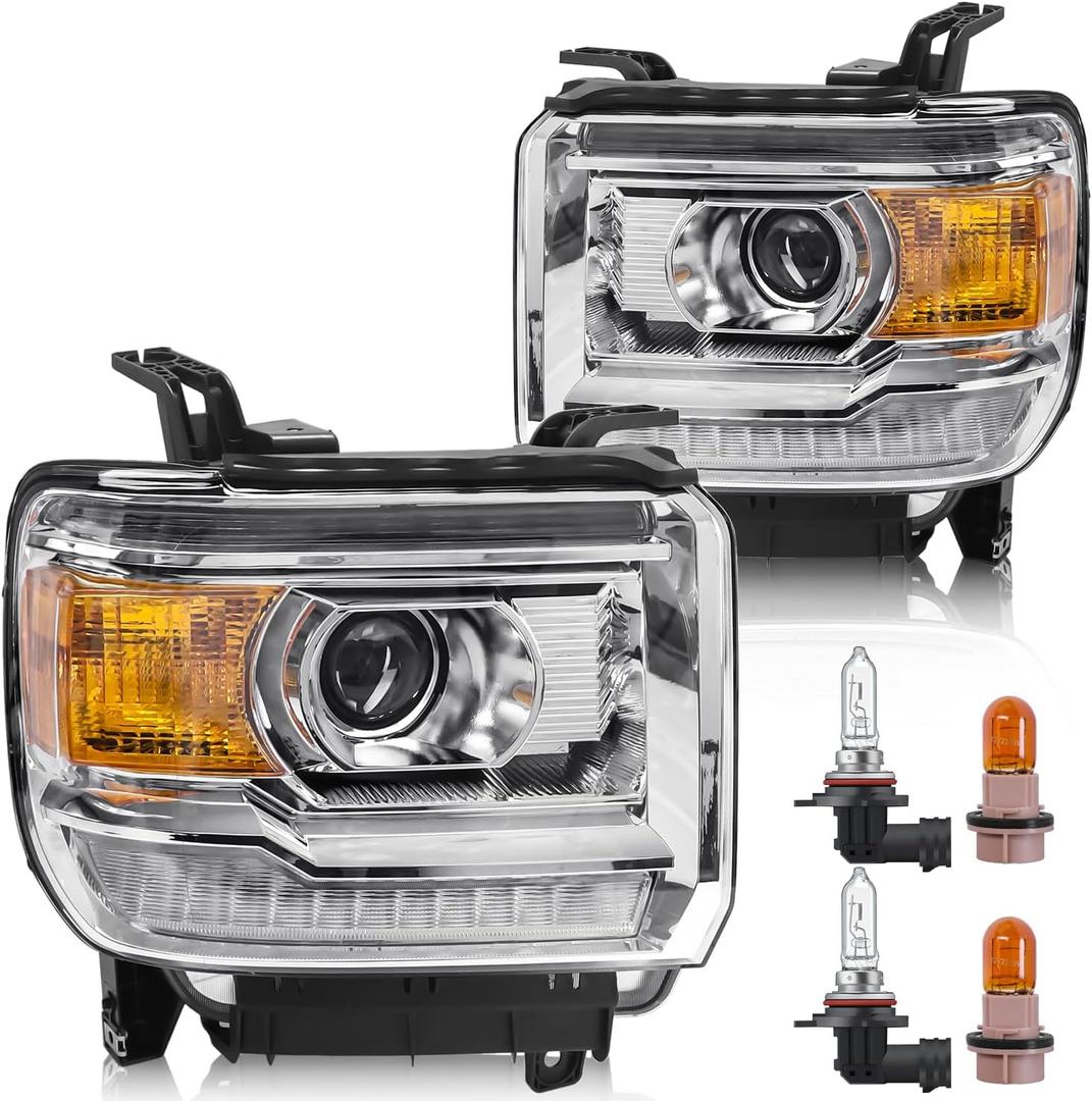 Headlight Assembly with LED DRL Compatible with GMC Sierra 2014-2018 1500 | 2015-2019 2500HD/3500HD Base/Denali/SLE/SLT, Headlamp Replacement with LED DRL, with Bulbs, Chrome Housing Amber Reflector
