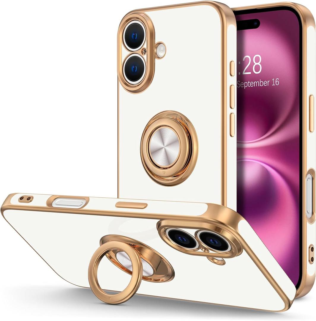 Hython for iPhone 16 Case with Ring Stand, 360 Rotatable Ring Holder Magnetic Kickstand, Plating Rose Gold Edge Soft Cover Protective Phone Case for iPhone 16 6.1", White
