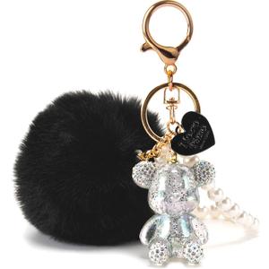 YOU WIZV Kawaii Cute Bear Keychain for Women, Bling Gummy Teddy Bear Pom Pom Key Chain Girly Wristlet Keychain for Backpack (Black)