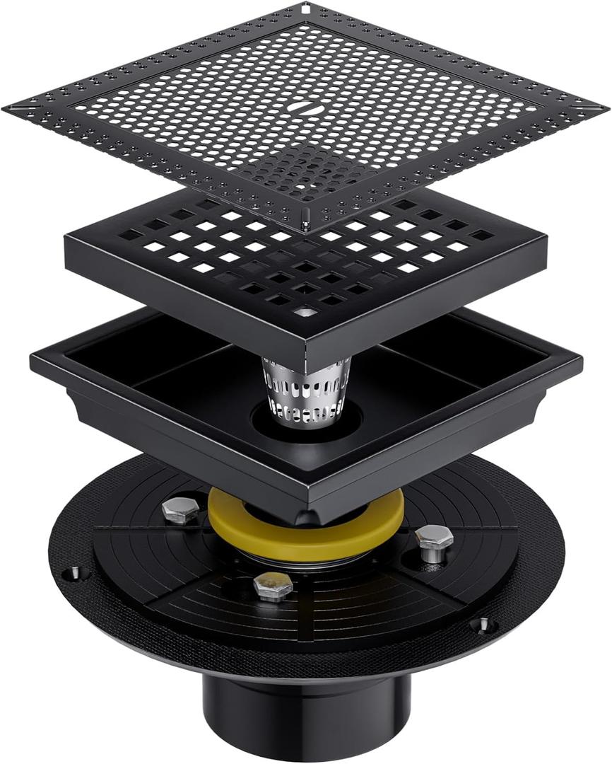 6 Inch Square Black Shower Drain with Flange, Modern Floor Drain with Quadrato Pattern Grate Removable,SUS 304 Stainless Steel