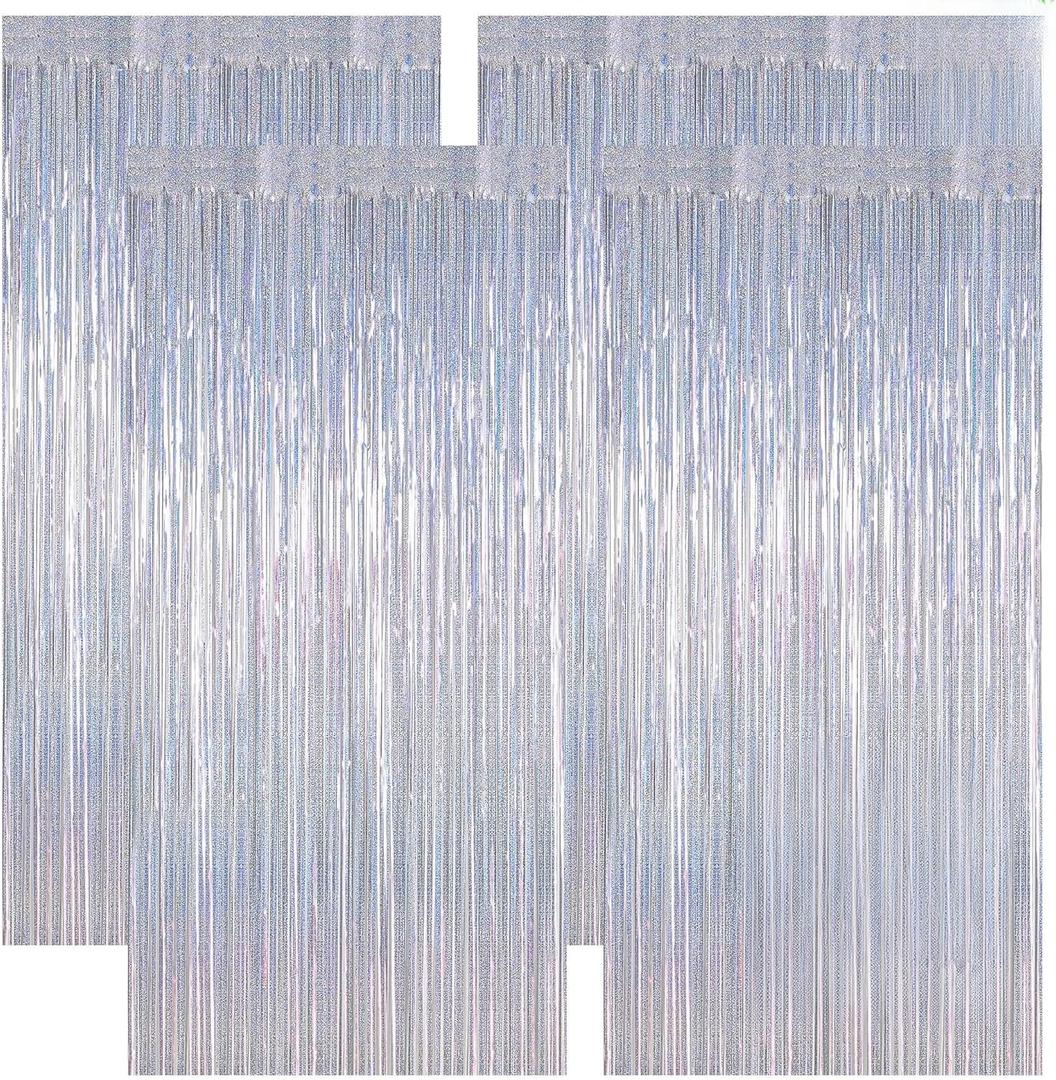 4 Pack NYE Silver Tinsel Foil Curtain, 3.28 FT x 7.05 FT Glitter Silver Tinsel Curtains, Metallic Foil Streamer Disco Fringe Backdrop Party Curtains, Birthday NEW Year Party Supplies Disco Decor