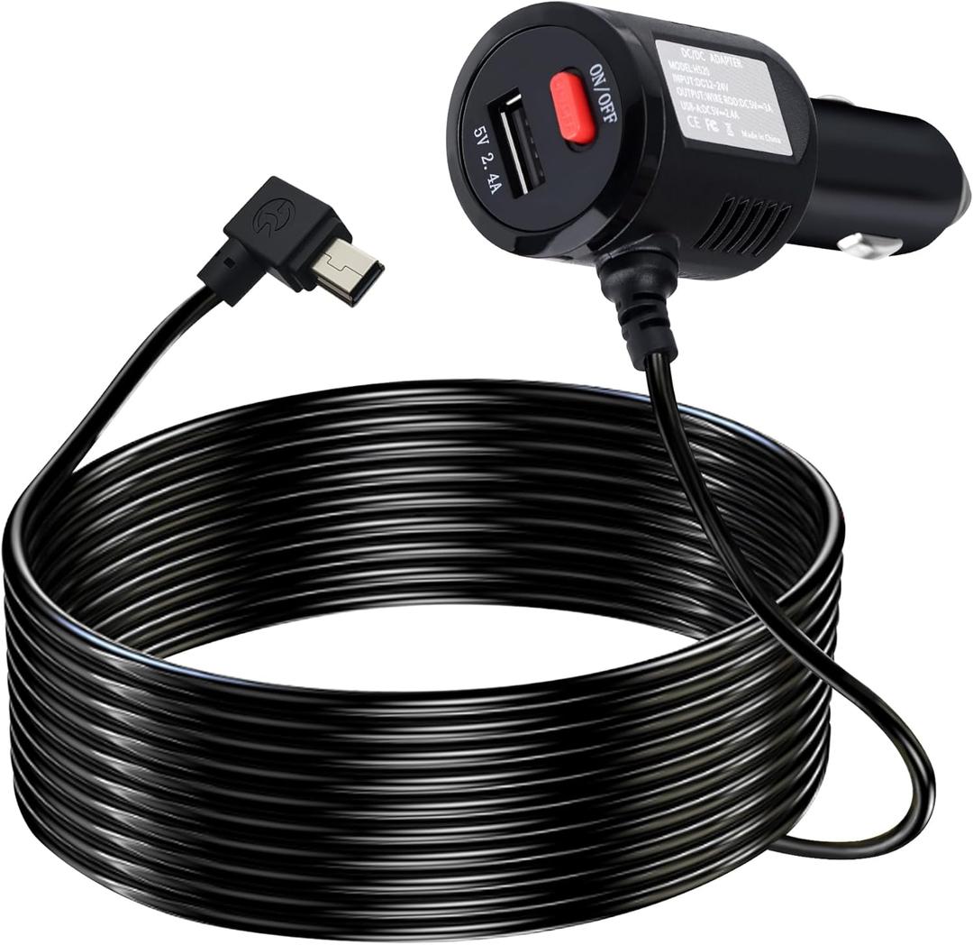 Dash Cam Power Cable, 90 Degree Mini USB Power Charging Cable with On/Off Switch for 12V-24V Car and Truck Dash Cam, GPS Navigator, MP3 Player and Other USB Devices, 11.5FT