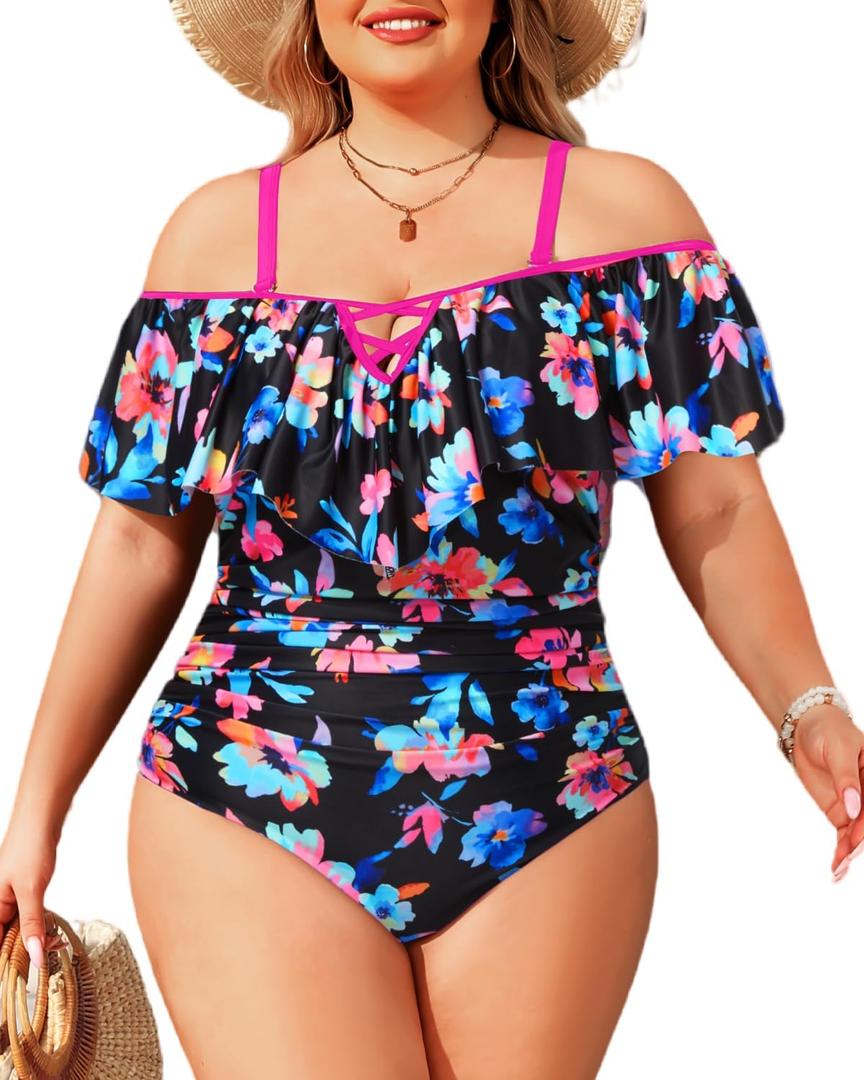 Daci Women Colorful Floral Plus Size One Piece Swimsuits Tummy Control Ruffle Off Shoulder Bathing Suits, Size: 16 Plus