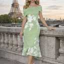 Bodycon Dresses for Women Floral Off Shoulder Fishtail Cocktail Dress 2026 Summer Midi Prom Dresses for Wedding Guest (Green, S)