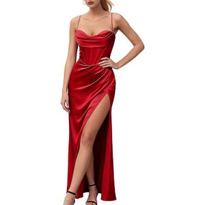 Womens Slip Satin Maxi Dress Sexy High Slit Backless Lace Up Elegant Wedding Guest Corset Dresses (S, Red)