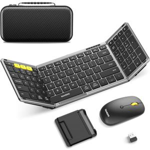 Foldable Keyboard and Mouse, Samsers Folding Bluetooth Keyboard Combo, 2.4G + BT5.0 x 2, Full-Size Portable Travel Keyboard & Rechargeable Wireless Mouse for Windows Android iOS Mac OS, Gray Black