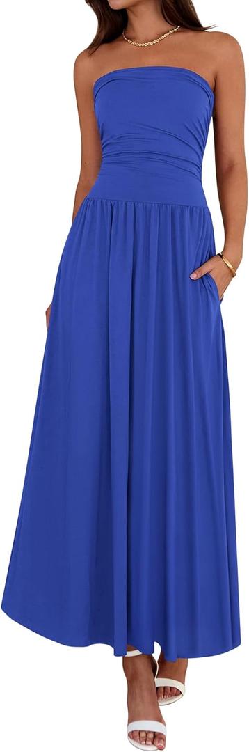 BTFBM Summer Maxi Dresses for Women 2026 Strapless Ruched Tube Top Beach Vacation Spring Wedding Guest Dress Pockets, Medium
