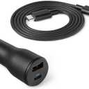 Fast-Charging Car Charger, 1 USBC+1 USB-A, 32w, with one 3-Ft Straight Cable, Black