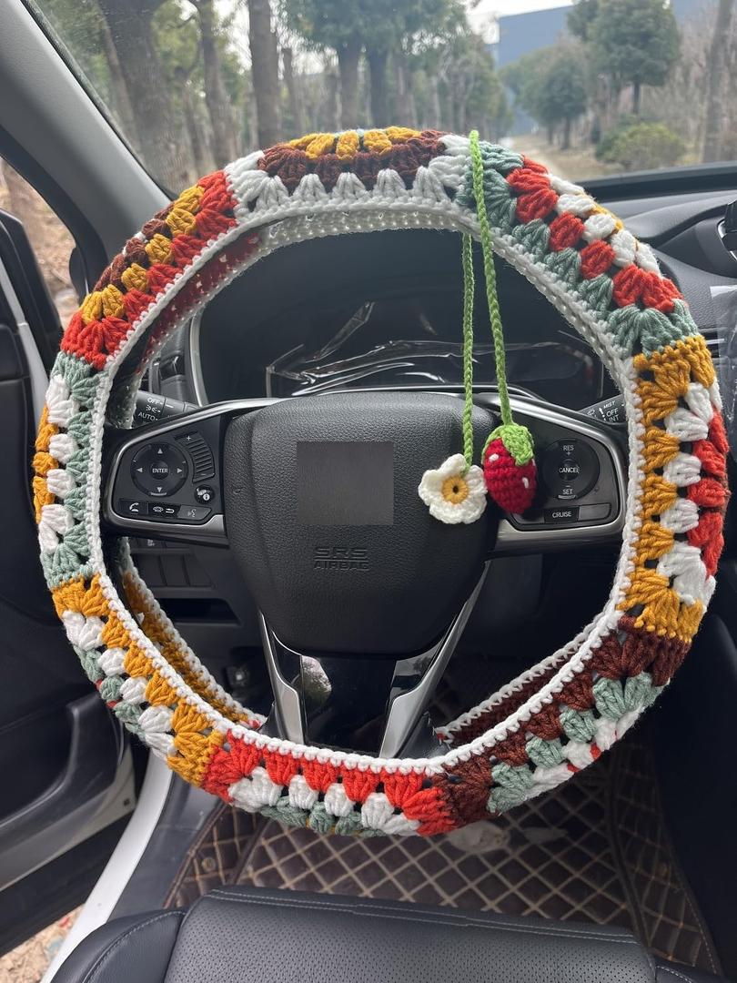 Steering Wheel Cover,Handmade Crochet Rainbow Sunflower Granny Square Steering Wheel Covers (Steering Wheel Cover+1strawberry)