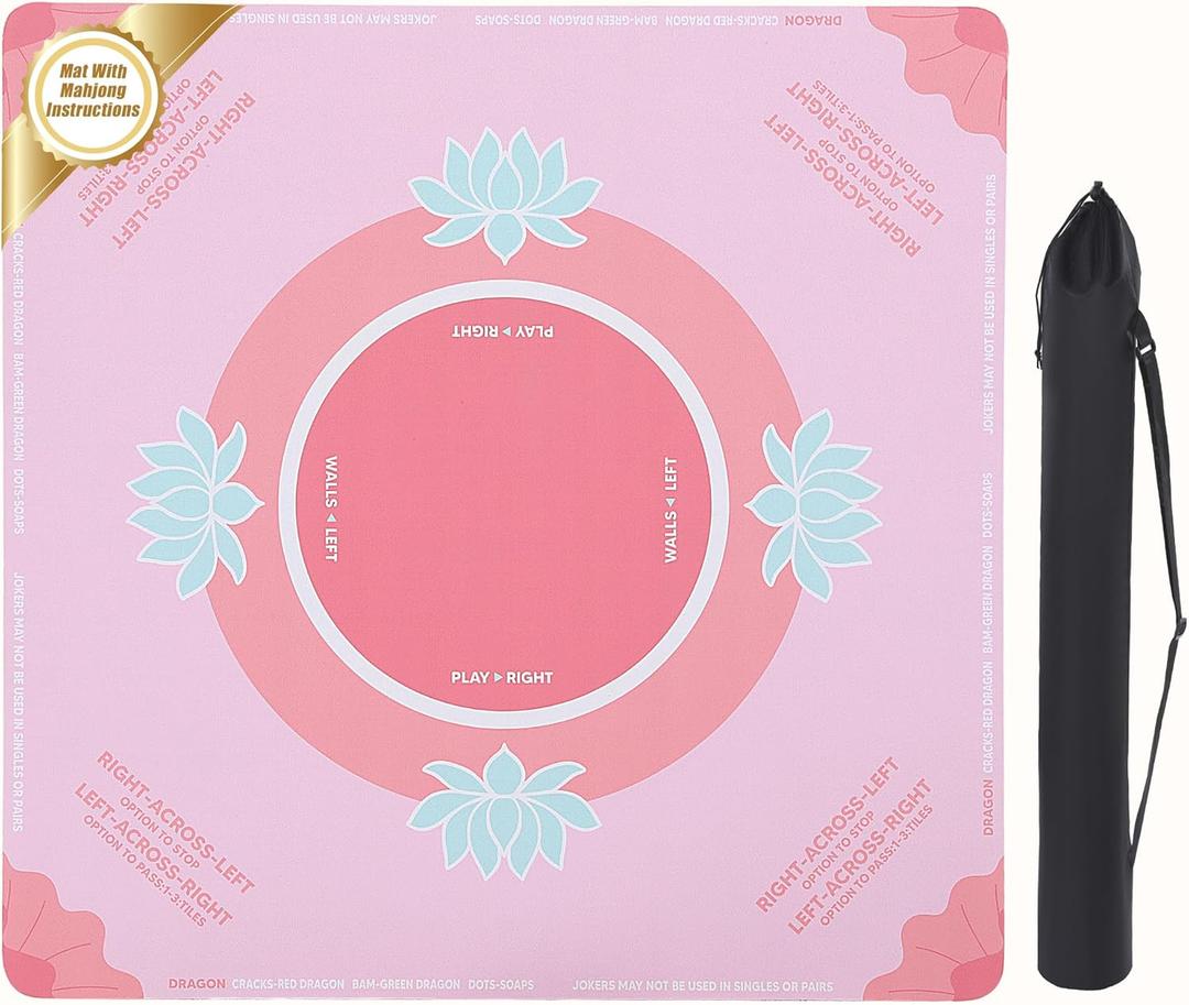 BALAPET Portable Mahjong Mat with Playing Instructions for Learning, Anti Slip Mahjong Mat for Table, Noise Reduction Table Mat Cover for Board & Tile Games, 31.5inx31.5in, Patent Pending(Pink)