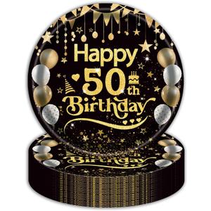 50Pcs 50th Birthday Party Paper Plates,9inch Disposable Black and Gold Dessert Party Plates Party Decorations for Men Woman 50th Happy Birthday Wedding Party Supplies