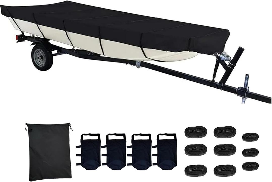 14ft Jon Boat Cover- Waterproof Heavy Duty Trailable Fits Jon Boat 14ft Long Black Marine Grade Reinforced Adjustable Side Straps & Sand Bag