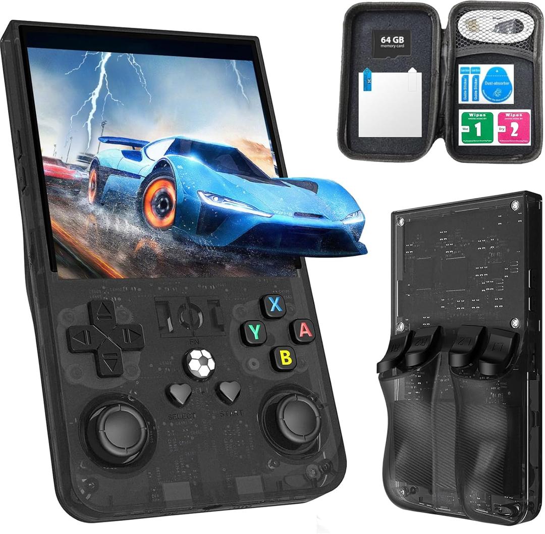 R36Max Handheld Game Console, Portable Mini Retro Handheld Game Console, 4.0 Inch IPS Video Gaming Console with 64GB TF Card Over 18000+ Pre-Installed Retro Games, 4000mAh Battery (New Black)