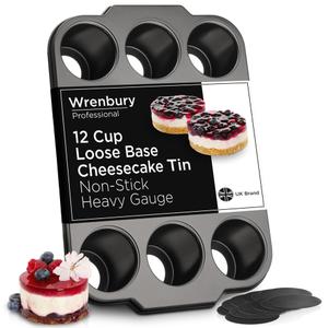 Wrenbury Pro Mini Cheesecake Pans Removable Bottom 12 Hole - Heavy Gauge Carbon Steel Muffin Cupcake Pan Loose Bottom Springform for Baking - 3 Inch Individual Cheesecakes Tin - PFOA Free