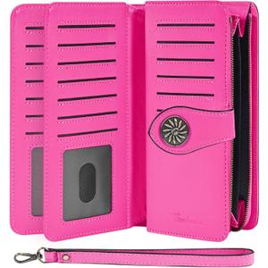 Travelambo Women's Wallet RFID Blocking Credit Card Holder Large Capacity Wristlet Leather Wallets Purse (Hot Pink)