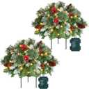 21.65" Pre-lit Christmas Urn Filler with Tripod Stake Set of 2, Lighted Artificial Christmas Tree Outdoor Front Porch Planter Filler Flocked Pine Trees Holiday Home Decor, Battery Powered