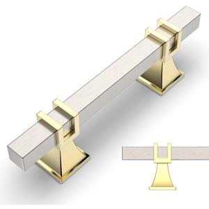 Amerdeco 10 Pack Brushed Satin Nickel and Gold Cabinet Pulls 3 Inch(76mm) Hole Center Drawer Pulls Cabinet Hardware Kitchen Cabinet Handles for Bathroom Dresser Pulls ZH0067