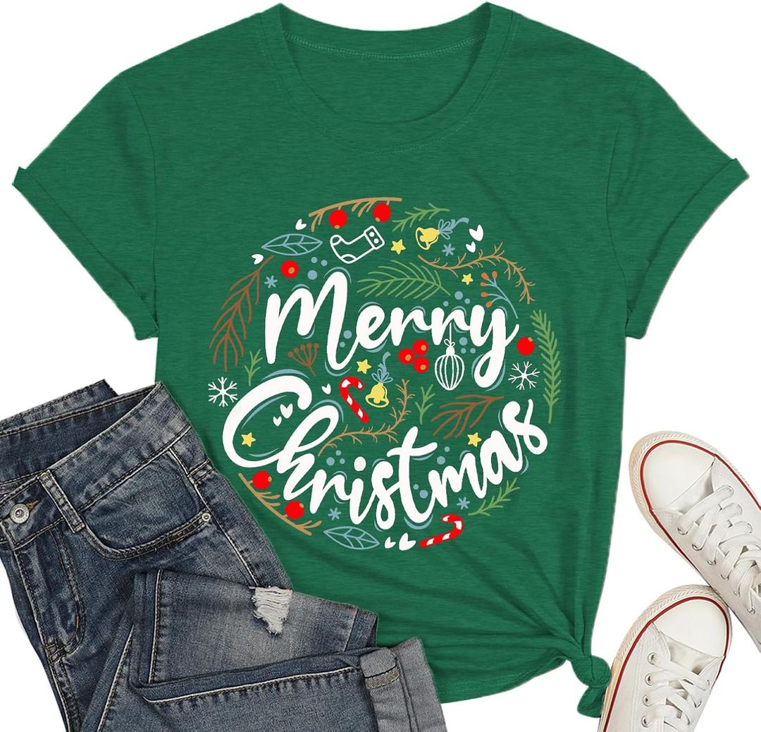 Christmas Shirt for Women Merry Christmas Leopard Graphic Tee Xmas Tree Graphic Holiday T-Shirt Tops (Small, Green1)