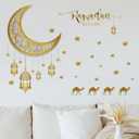 3 x Ramadan Mubarak Window Clings,Lantern Moon Star Wall Stickers,Party Supplies Decorations Islamic Muslim Happiness Al-fitr Kareem Cut-Out Decals for Home Wedding Birthday Islam Decor (Gold B)