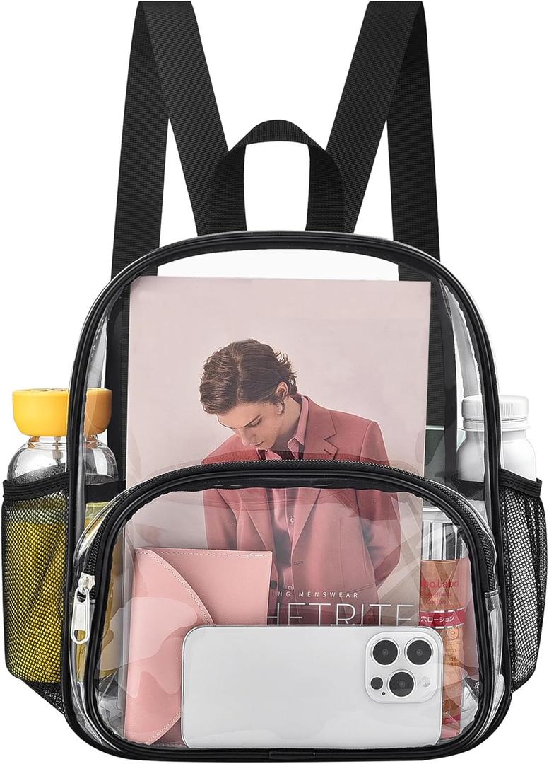 Clear Backpack for Stadium Events Clear Backpack 12x12x6 with Front Pocket for Concert Sport Fashion Women Backpack Events Work Travel (Black)