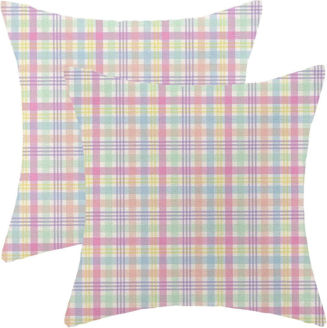Easter Pillow Covers 18x18 Pack of Colorful Plaid Throw Pillow Covers Outdoor Decoration Spring Decor Pink Green Pillowcase Farmhouse Decorative Linen Cushion Case for Home Couch Sofa