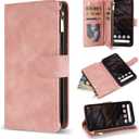 ZZXX for Google Pixel 7A Case Wallet with RFID Blocking Card Slot Premium Soft PU Leather Zipper Flip Folio with Wrist Strap Kickstand Protective Cover for Google 7A Wallet Case(6.1 inch Pink)