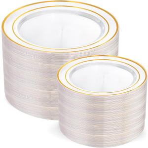 I00000 200 Pcs Clear Gold Plastic Plates - Disposable Party Plates, Gold Plate Disposable Include 100 Dinner Plate and 100 Dessert Plate, Plastic Plate for Party, Holiday, Wedding & Birthday