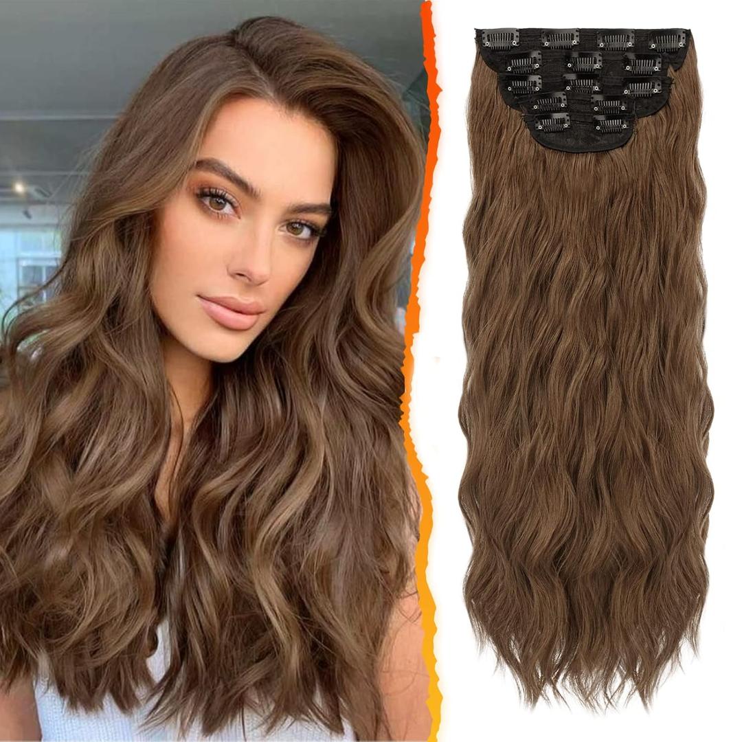 BARSDAR Brunette Clip in Hair Extensions - 20 Inch Wavy Clip in Hair Extensions for Women - 5PCs Thick Soft Synthetic Hairpieces Daily Party Halloween - Brunette
