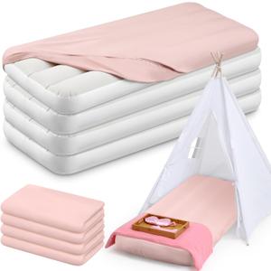 Windyun 4 Sets Kids Air Mattress Bulk with Fitted Sheet,Toddler Inflatable Bed 63 x 27 x 8 Inches Blow up Airbed Camping Sleeping Pad for Aged 3-10 Years Old Birthdays Slumber Sleepover Party (Pink)