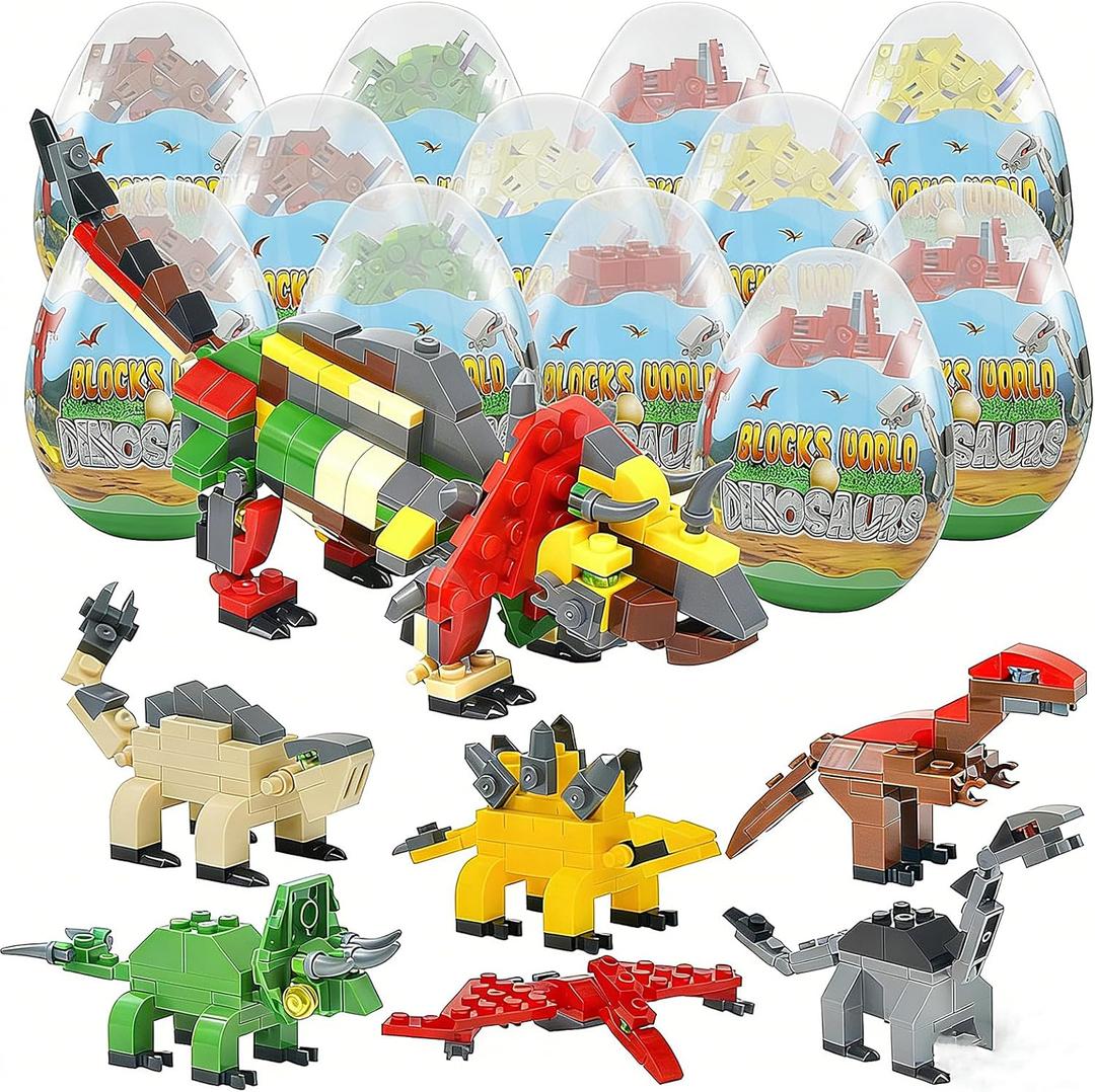 12PCS Pre Filled Easter Eggs Dinosaurs Party Favors Party Supplies Building Blocks Mini Animal Educational Toy Stacking Block Sets Science STEM Gift for Boys & Girls Kids Age 6+