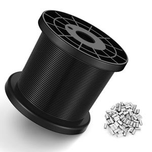 Black Vinyl Coated Wire Rope 1/16", 328FT 304 Stainless Steel Cable with 150PCS Aluminum Crimping Loop Sleeves for String Light Cable, Clotheslines, Trellis and Light Picuture Hanging