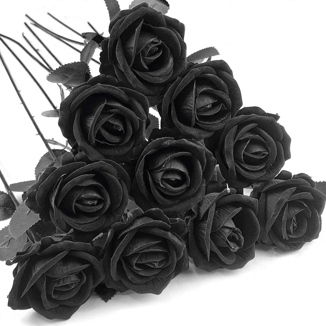 10 PCS Artificial Roses with Long Stems Silk Flowers Realistic Foam Flowers Fake Roses for Valentine's Day Home Wedding Halloween Decor(All Black)