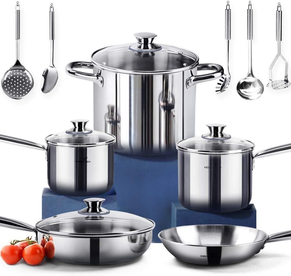 HOMICHEF 14-Piece Nickel Free Stainless Steel Cookware Set - Nickel Free Pots and Pans Set - Non-Toxic, Healthy Induction Cookware, 14 PCS - 4MM Thick 3-PLY Base