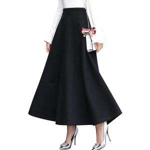 ebossy Women's Vintage High Waist Wool Blend Plaid A-Line Long Maxi Skirt with Pocket (Black, S)