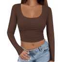 MEROKEETY Women's Long Sleeve Square Neck Crop Top Ribbed Slim Fitted Y2K Casual TShirt Tops,Coffee,S
