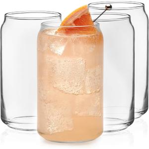 Libbey Classic Can Tumbler Glasses Set of 4, Clear Kitchen Glassware Sets for Beverages and Cocktails, Lead-Free, Cute Drinking Glasses, 16-Ounce