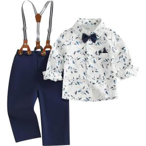 fhutpw Toddler Boy Clothes Suit Formal Dress Shirt with Bowtie & Suspender Pants Kids Gentleman 3pcs Wedding Outfits 2-3T