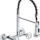 Wall Mount Kitchen Faucet with Pull Down Sprayer, 6 Inches Center Two Handles Commercial Kitchen Sink Faucet, 2 Functions Sprayer, Polished Chrome Utility Sink Faucet