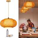 Pendant Light Fixture with Hand Woven Bamboo Lamp Shade Hanging Light Fixtures Boho Wicker Rattan Ceiling Lights for Dinning Living Kitchen Island Room Bedroom (Ceiling - Basket Plus)