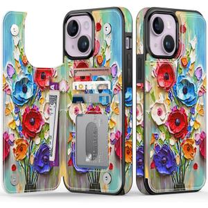 FUNMIKO for iPhone 14 Plus Wallet Case with Card Holder, RFID-Blocking, Military-Grade Drop Protection & Floral Animal Design, Magnetic Closure with Leather Kickstand - Abstract Flowers