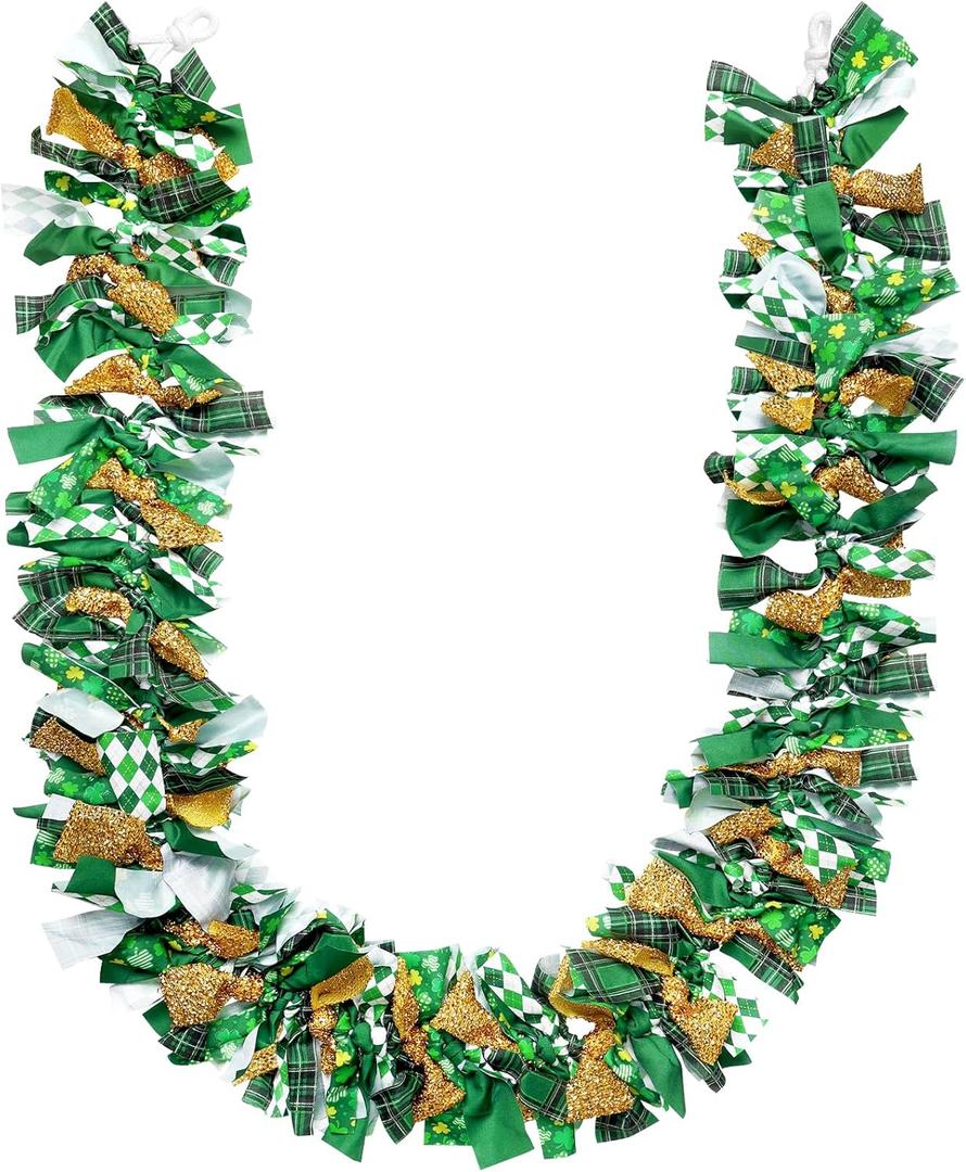 St. Patricks Day Garland 7 ft Shamrock Rag Tie Ribbon Bows Decorations for Patricks Day Green and Black Glitter Banner Buffalo Plaid Hanging Garland Fireplace Wall Staircase Grip Christmas Tree Decor