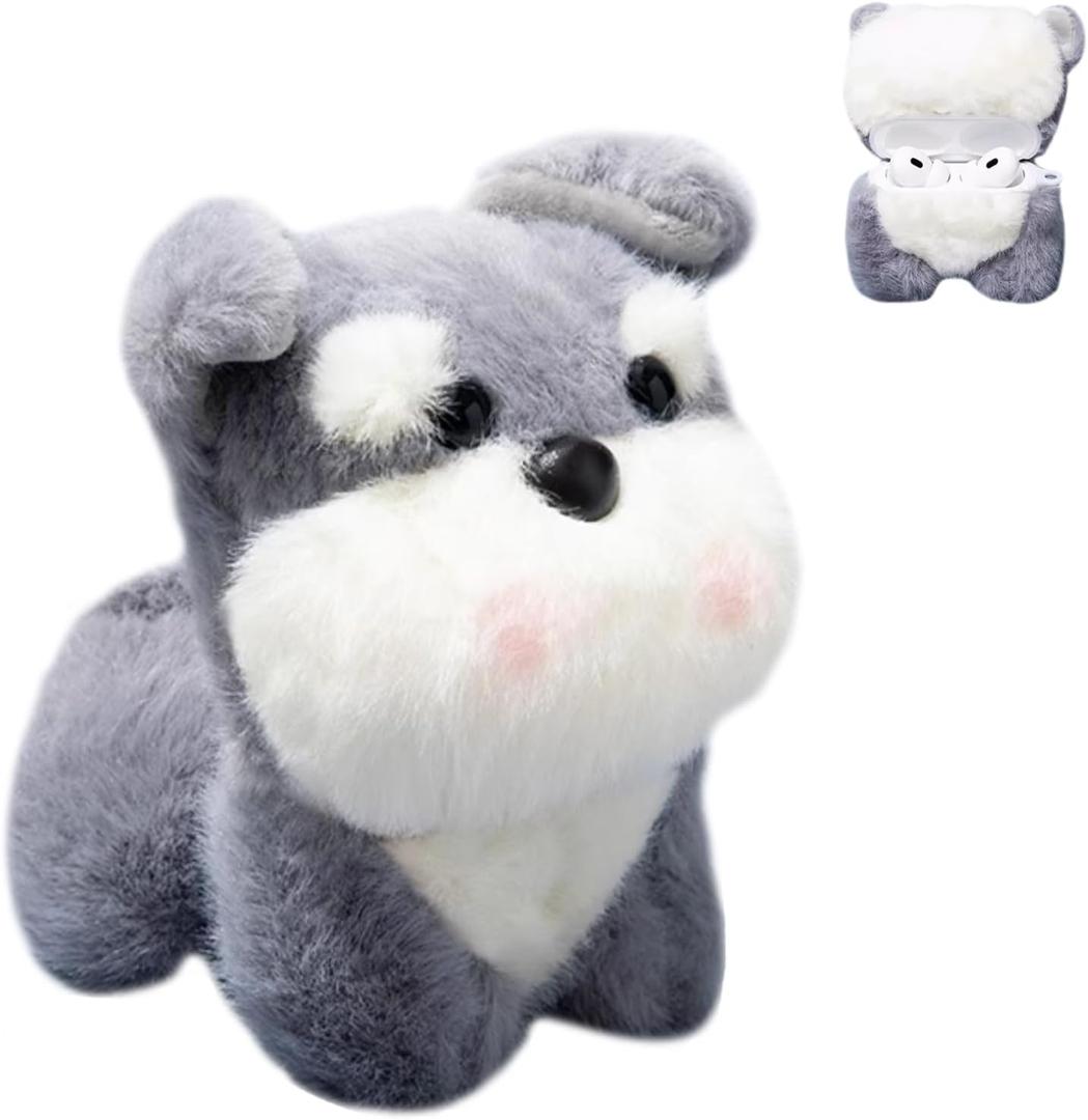 Cute Cartoon Plush Case for AirPods Pro 2nd Gen Case,3D Kawaii Fluffy Grey Schnauzer Puppy Soft Silicone Cover with Keychain Cool Funny Boys Girls Women for AirPods Pro