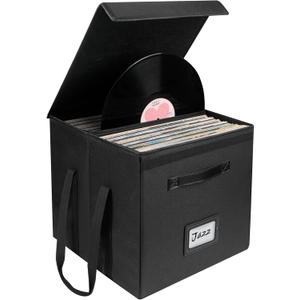 Uniclife Vinyl Record Storage Box, Collapsible LP Storage Organizer with Lid & Handles, Splash-Resistant Album Storage Crate for 80 Single Records (12"), Black Vinyl Record Holder, 13" 13" 13"