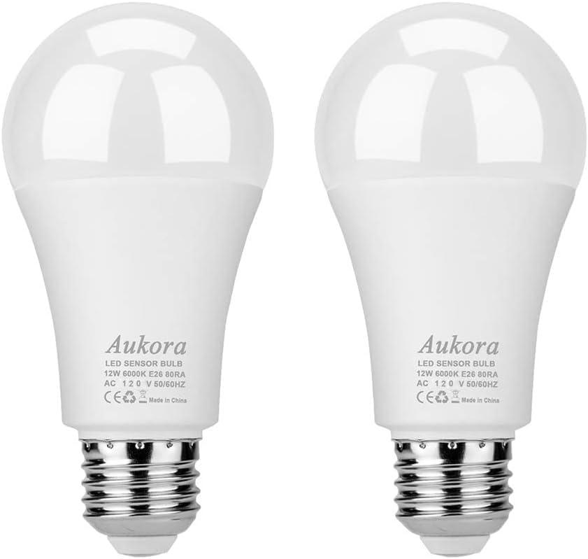 Aukora Dusk to Dawn Light Bulb, 12W (100-Watt Equivalent) Smart Sensor Light Bulbs Super Bright E26 Automatic On/Off Security Lights Outdoor/Indoor for Porch Garage Garden Patio(Cool White 2 Pack)