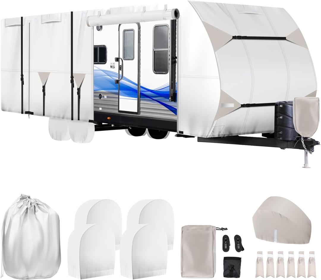 420D Oxford Fabric Travel Trailer RV Cover 22-24ft, 400 LBS Tearproof, Waterproof, Anti-UV & Windproof Camper Cover w/Tongue Jack Cover, Gutter Covers, Tire Covers, Stair Cover, Straps & Storage Bag